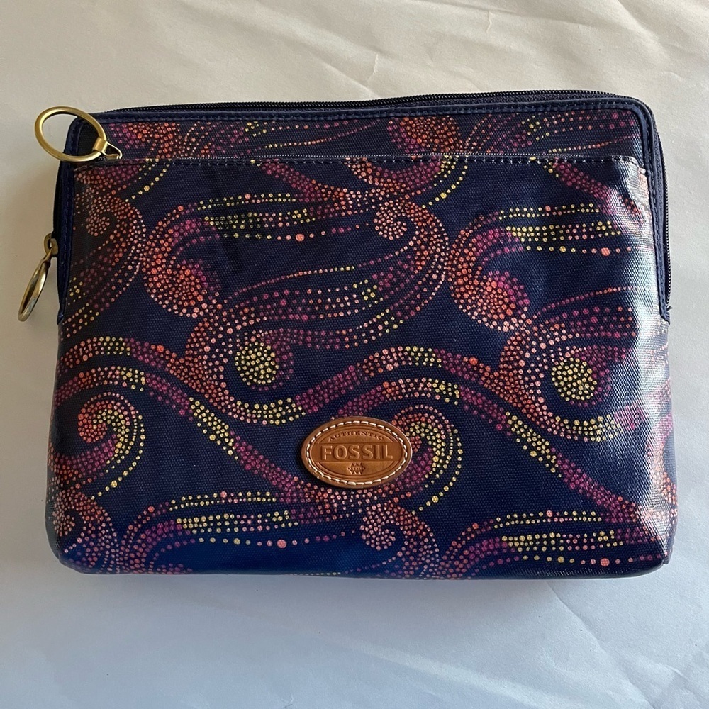 Fossil Tablet IPad Kindle Key-Per Navy Blue Nights Dots Coated Canvas Bag NWT